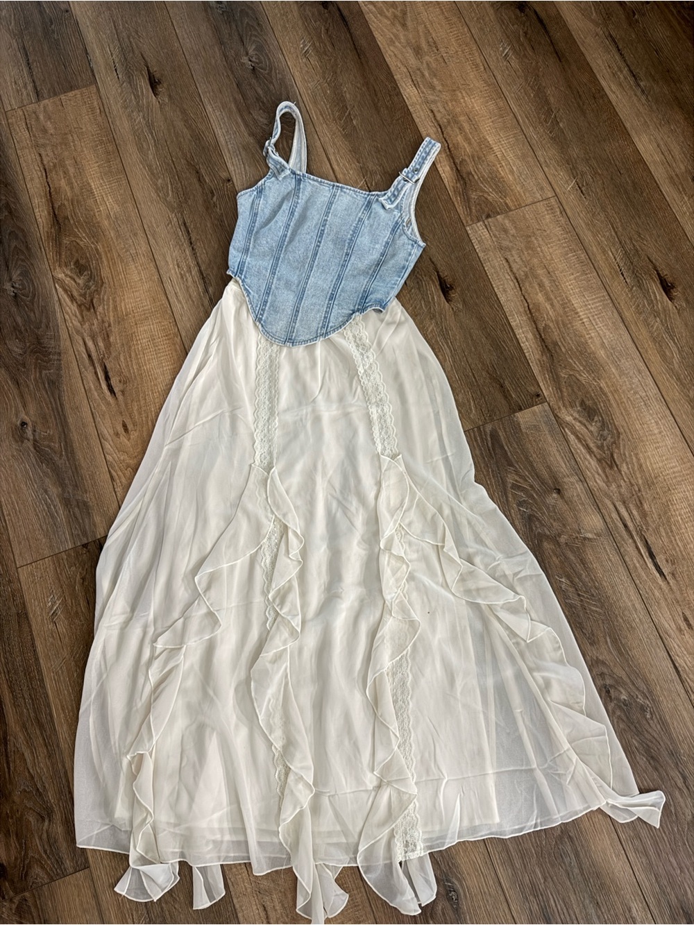 Western outfit. Denim top and beige skirt
